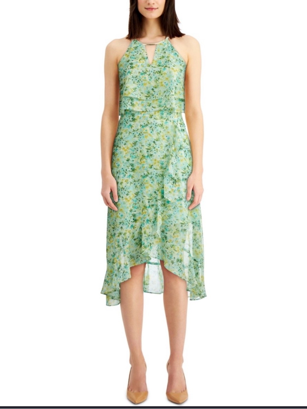 Kensie NWT Floral High Low Midi Dress Size 10 Mint Green Wedding Guest